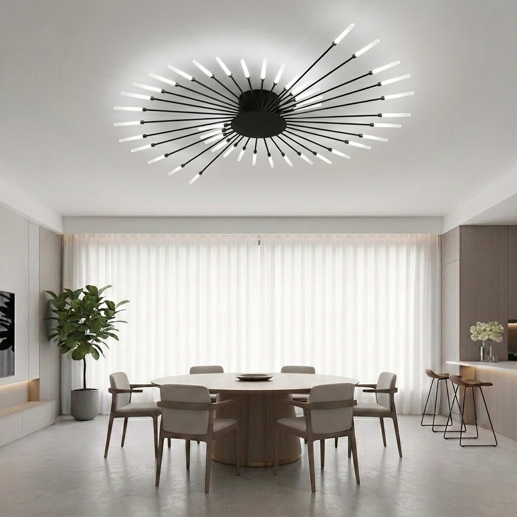 Modern Luxury Firework LED Flush Mount Ceiling Light - Gold Spoke Semi-Chandelier for Living Room, Dining Room & Bedroom (Dimmable with Remote Option)