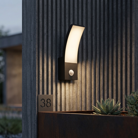 Modern Curved LED Outdoor Motion Sensor Wall Sconce - Weatherproof Exterior Light Fixture for Garage, Porch & Patio (Single/Pair)