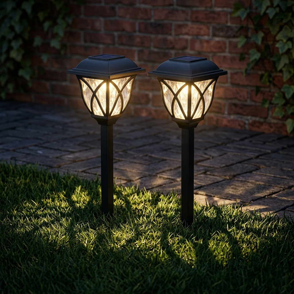 Outdoor Solar Path Lights - Waterproof LED Landscape Stake Lights with Warm White Hollow Pattern for Garden, Lawn & Walkway (Set of 2)