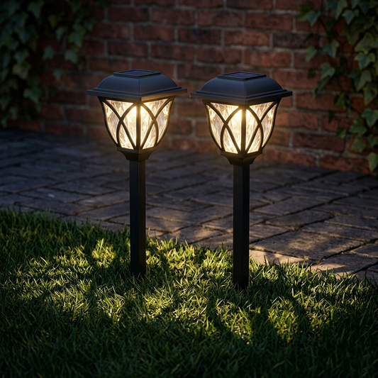 Outdoor Solar Path Lights - Waterproof LED Landscape Stake Lights with Warm White Hollow Pattern for Garden, Lawn & Walkway (Set of 2)