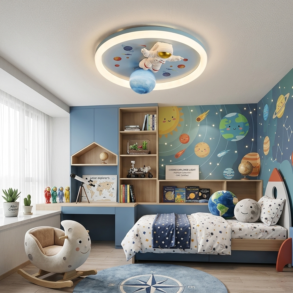 Astronaut and Planet LED Ceiling Light - Spaceman Lamp for Boys' Bedroom