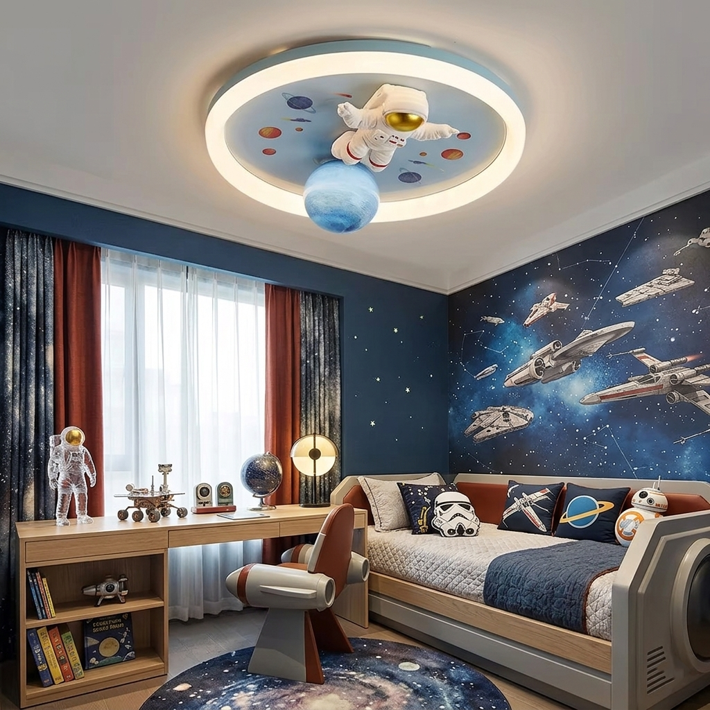 Astronaut and Planet LED Ceiling Light - Spaceman Lamp for Boys' Bedroom