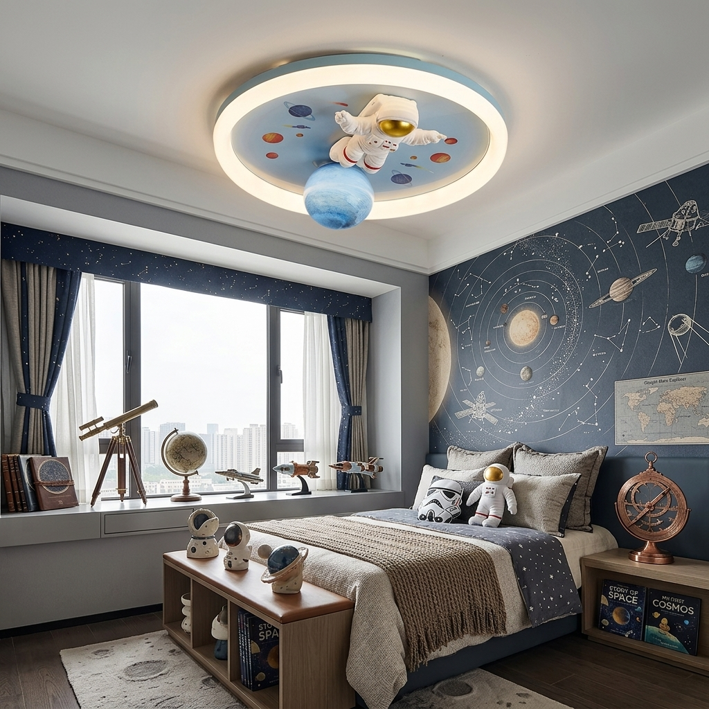 Astronaut and Planet LED Ceiling Light - Spaceman Lamp for Boys' Bedroom