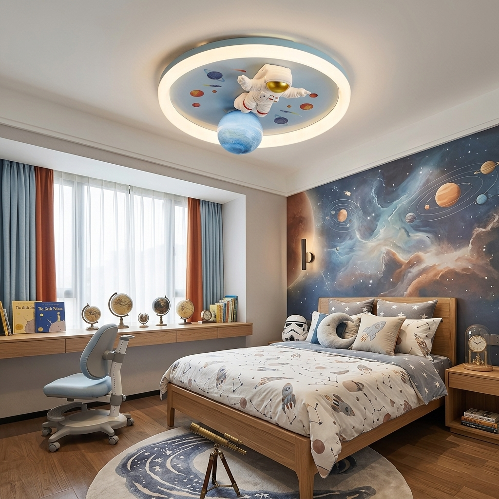 Astronaut and Planet LED Ceiling Light - Spaceman Lamp for Boys' Bedroom