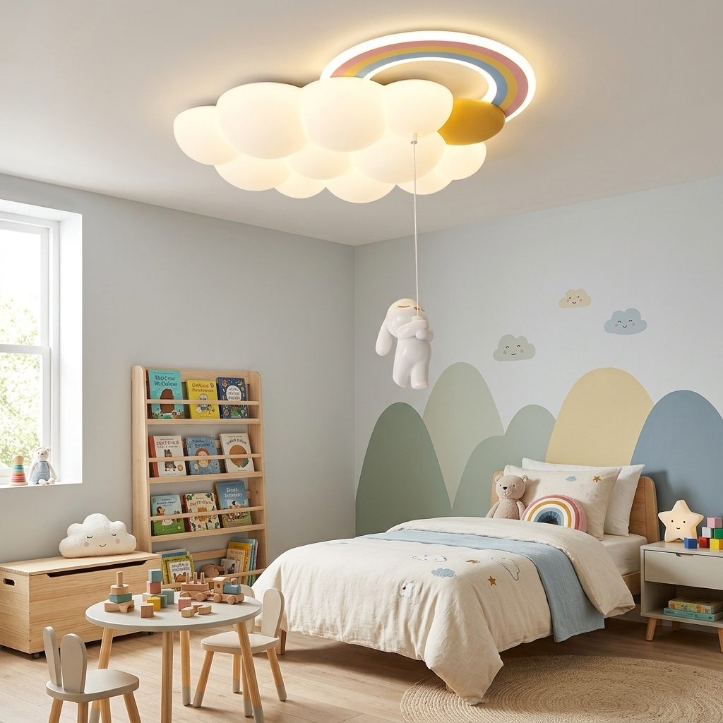 Cloud and Rainbow LED Ceiling Light - Bunny Pendant Lamp for Kids' Room