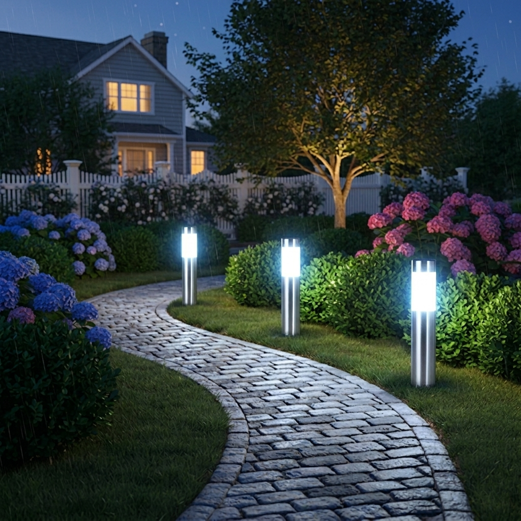 Modern Stainless Steel Solar Path Lights - Waterproof Outdoor LED Bollard Stake Lights for Garden, Walkway & Yard (Warm White, Set of 4)