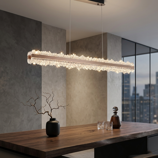 Modern Crystal-Style LED Linear Chandelier - Rose Gold Ice Glass Pendant Light for Dining Table, 40-Inch (100cm), Tricolor Light