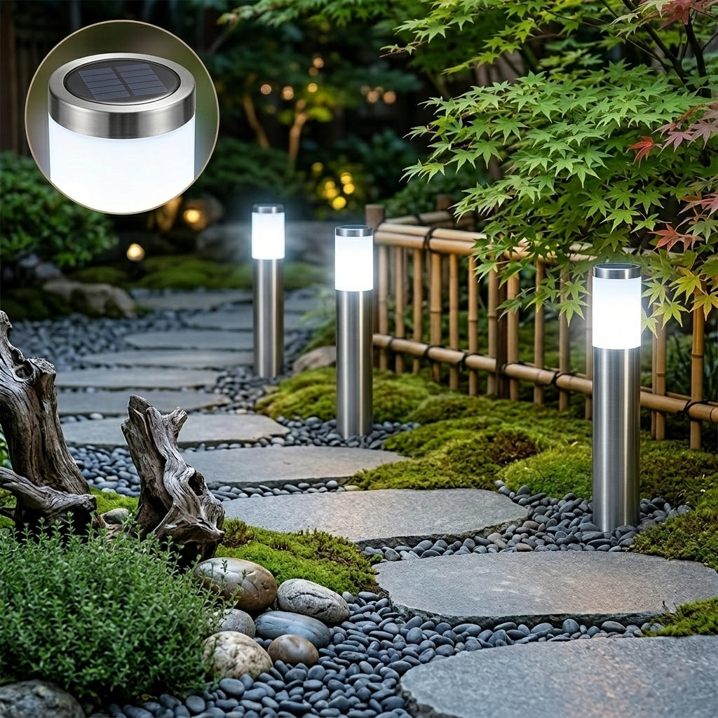 Modern Stainless Steel Solar Path Lights - Waterproof Outdoor LED Bollard Stake Lights for Garden, Walkway & Yard (Warm White, Set of 4)