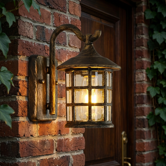 Vintage Outdoor Wall Lantern with Grid Glass - IP65 Waterproof Die-cast Aluminum Sconce for Porch & Courtyard, Bronze Finish