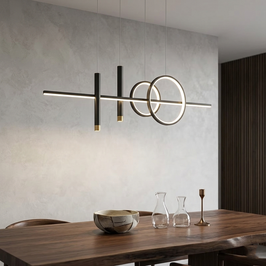 Modern Linear LED Chandelier - Minimalist Ring & Bar Pendant Light for Dining Room, 40-Inch (100cm) Golden Finish, Dimmable with Remote