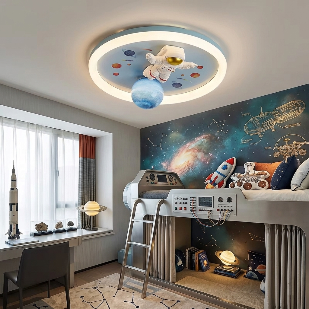Astronaut and Planet LED Ceiling Light - Spaceman Lamp for Boys' Bedroom