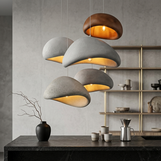 Modern Wabi-Sabi Pendant Light - Stone-Texture LED Chandelier for Living Room, Large 32-Inch Gray Hanging Lamp, Warm White Lighting