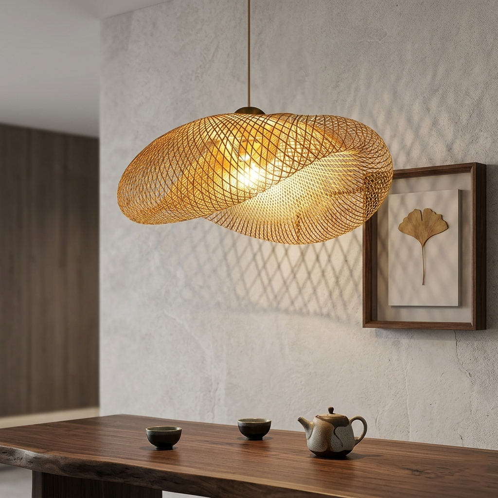 Modern Bamboo Weaving Pendant Light - Wabi-Sabi Style Hanging Lamp for Dining Room, 32-Inch (80cm) Large Handwoven Chandelier, Natural Wood Finish