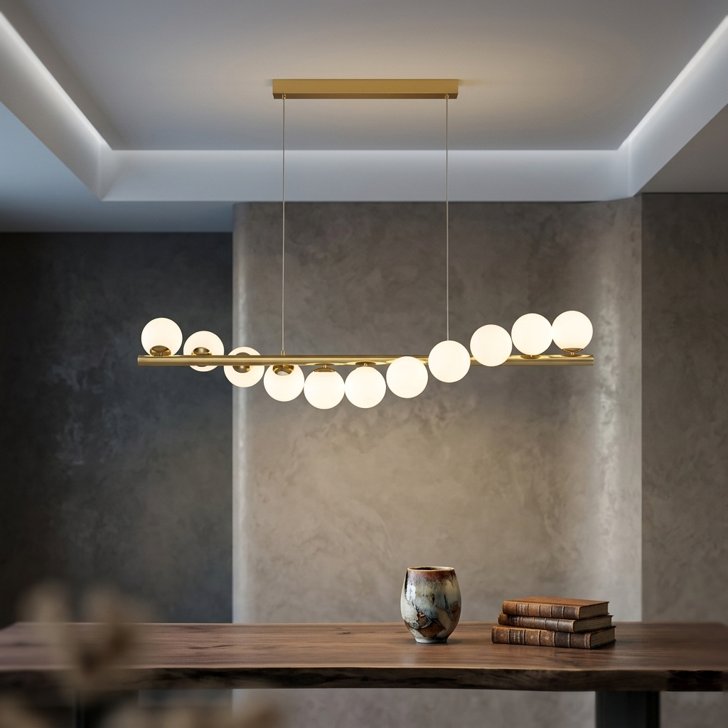 Modern Linear Globe Chandelier - 11-Light Mid-Century Pendant Lamp for Dining Room, 44-Inch (112cm) Gold Finish, Glass Sphere Lighting