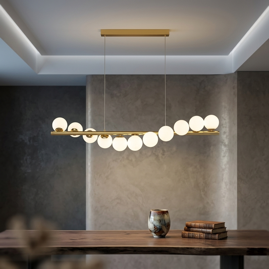 Modern Linear Globe Chandelier - 11-Light Mid-Century Pendant Lamp for Dining Room, 44-Inch (112cm) Gold Finish, Glass Sphere Lighting