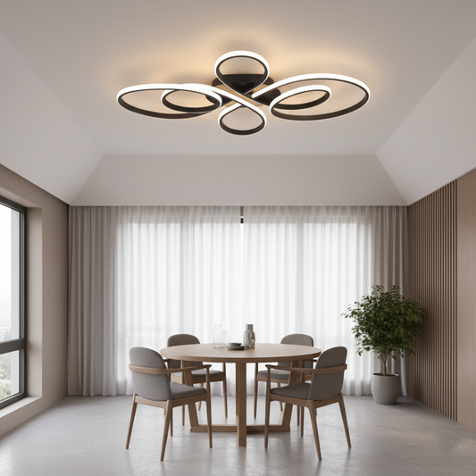 Modern Curves LED Flush Mount Ceiling Light - Black Geometric Floral Fixture for Living Room, Dining Room & Bedroom (Dimmable with Remote Option)
