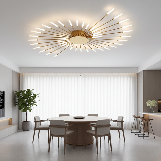 Modern Luxury Firework LED Flush Mount Ceiling Light - Gold Spoke Semi-Chandelier for Living Room, Dining Room & Bedroom (Dimmable with Remote Option)