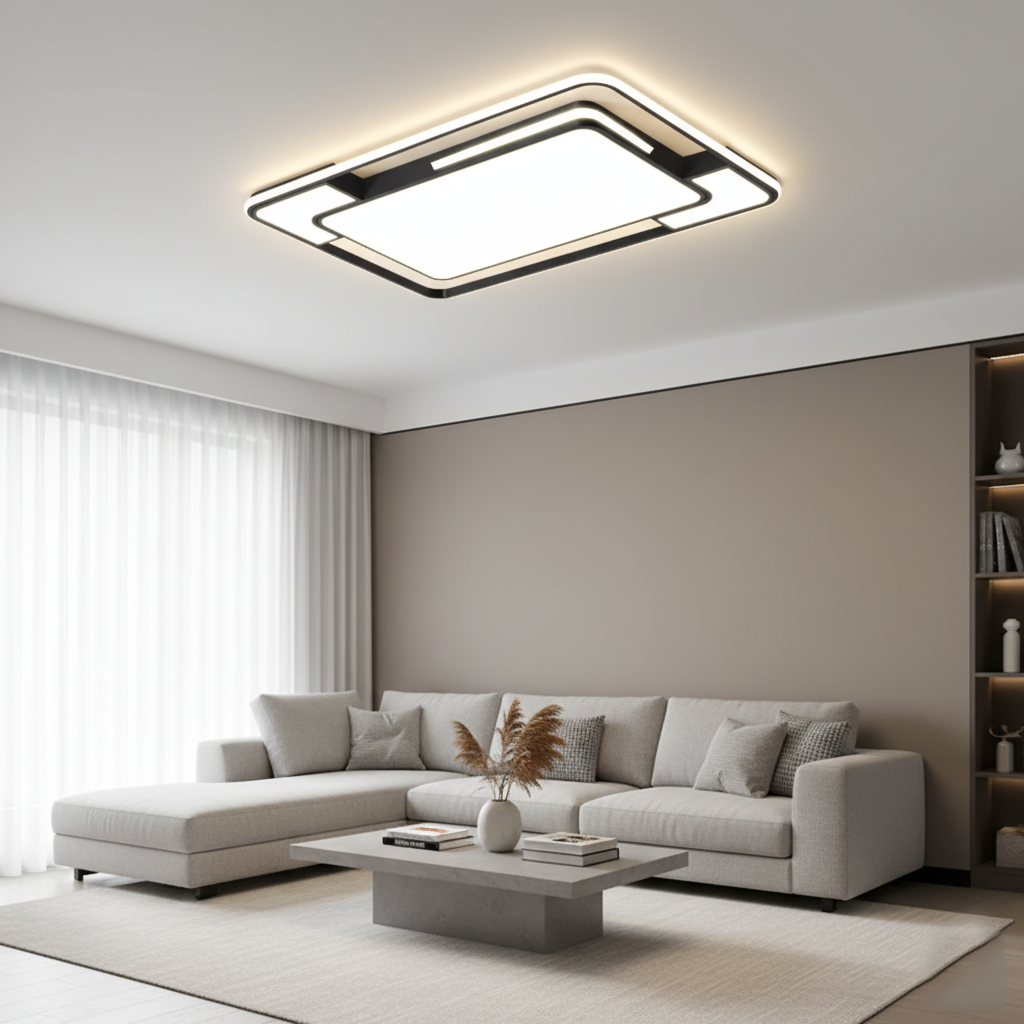 Modern Double-Frame LED Flush Mount Ceiling Light - Geometric Acrylic Fixture for Living Room, Dining Room & Bedroom (Dimmable with Remote Option)