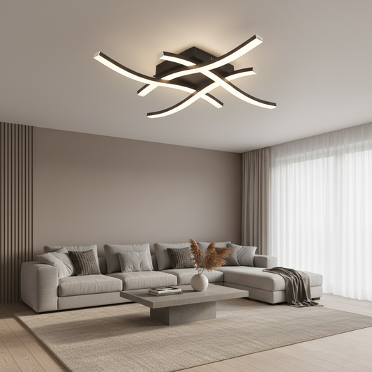 Modern Curved Waves LED Flush Mount Ceiling Light - Black Crossed 4-Bar Fixture for Bedroom, Kitchen & Hallway (3-Color Changing)