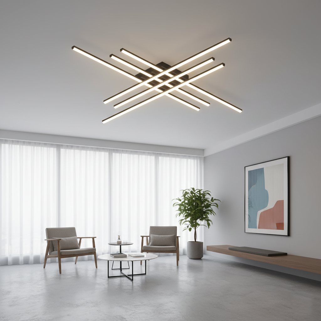Modern Linear LED Flush Mount Ceiling Light - Black Crossed Bars Chandelier for Living Room, Dining Room & Bedroom (Dimmable with Remote Option)