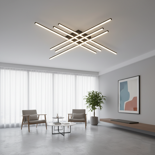 Modern Linear LED Flush Mount Ceiling Light - Black Crossed Bars Chandelier for Living Room, Dining Room & Bedroom (Dimmable with Remote Option)