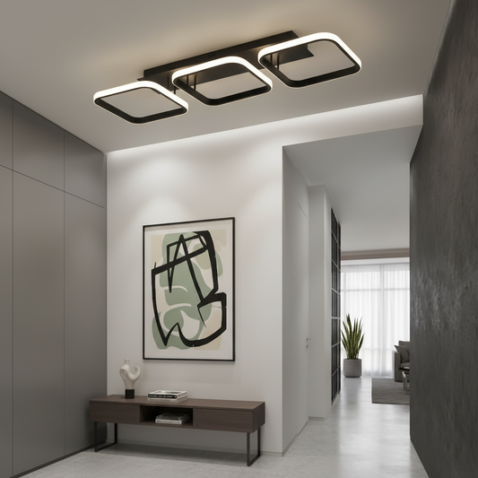 Modern 3-Square LED Flush Mount Ceiling Light - Black Linear Acrylic Fixture for Kitchen Island, Hallway & Dining Room (Color Changeable)