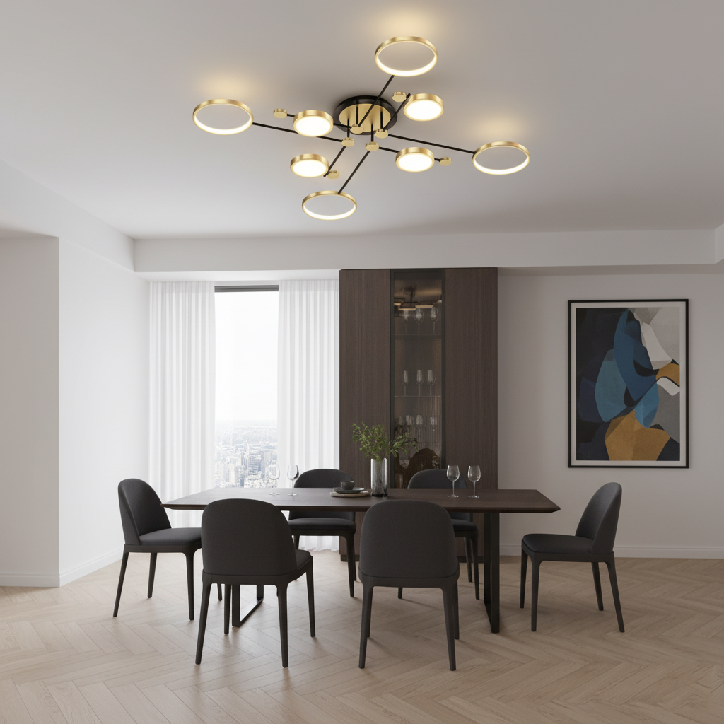 Modern Branching Rings LED Flush Mount Ceiling Light - Black & Gold 4-Head Fixture for Living Room & Bedroom (Dimmable with Remote)