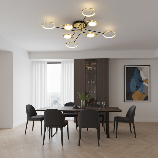 Modern Branching Rings LED Flush Mount Ceiling Light - Black & Gold 4-Head Fixture for Living Room & Bedroom (Dimmable with Remote)