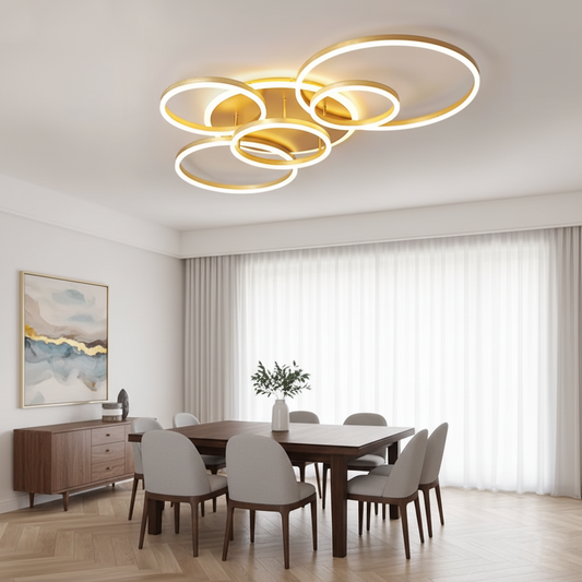 Modern Interlocking Rings LED Flush Mount Ceiling Light - Gold Acrylic Geometric Fixture for Living Room & Bedroom (Dimmable with Remote Option)