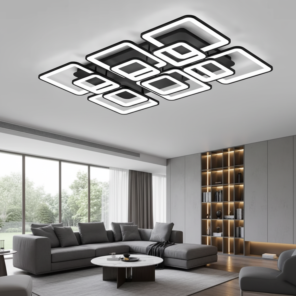 Modern Geometric Square LED Chandelier - Flush Mount Ceiling Light for Living Room, 12-Lights, Dimmable Cold White, Black & White Finish