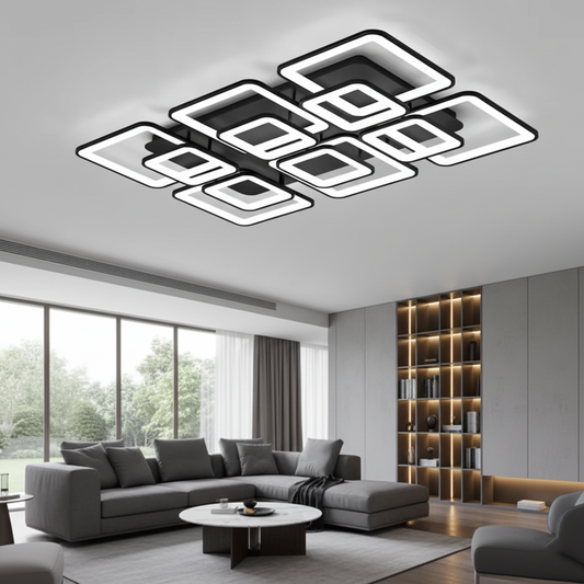 Modern Geometric Square LED Chandelier - Flush Mount Ceiling Light for Living Room, 12-Lights, Dimmable Cold White, Black & White Finish