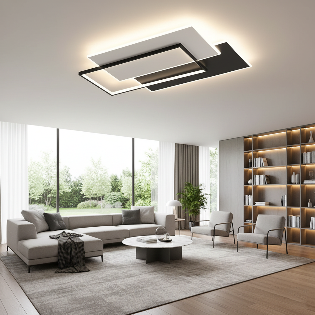 Modern Rectangle LED Ceiling Light - Ultra-Thin Minimalist Chandelier for Living Room & Kitchen, Black & White Finish, Tricolor Light