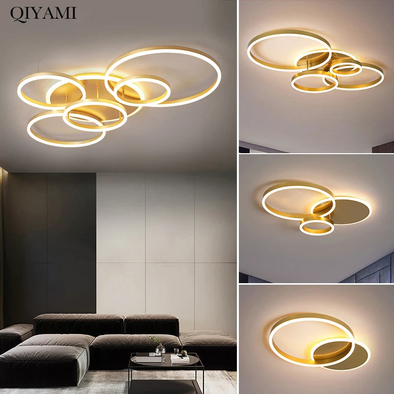 Modern Interlocking Rings LED Flush Mount Ceiling Light - Gold Acrylic Geometric Fixture for Living Room & Bedroom (Dimmable with Remote Option)