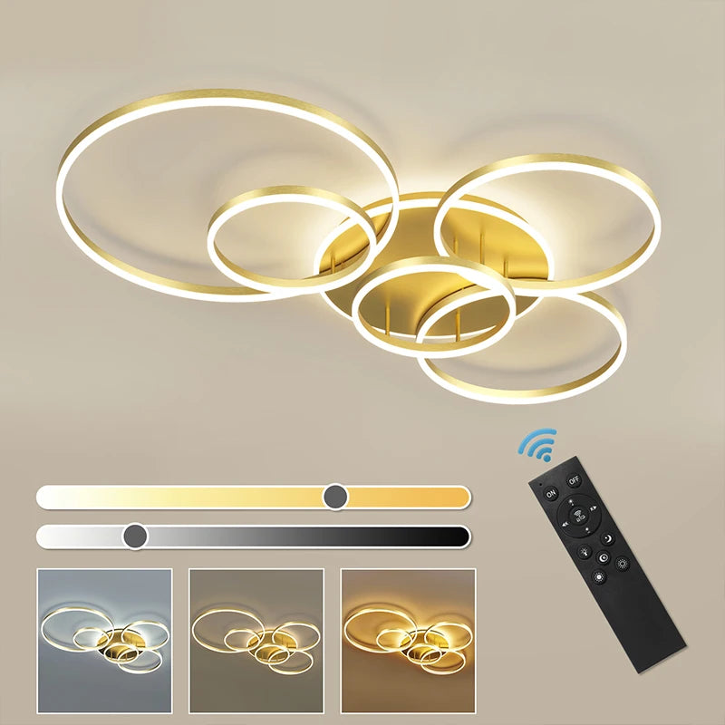 Modern Interlocking Rings LED Flush Mount Ceiling Light - Gold Acrylic Geometric Fixture for Living Room & Bedroom (Dimmable with Remote Option)