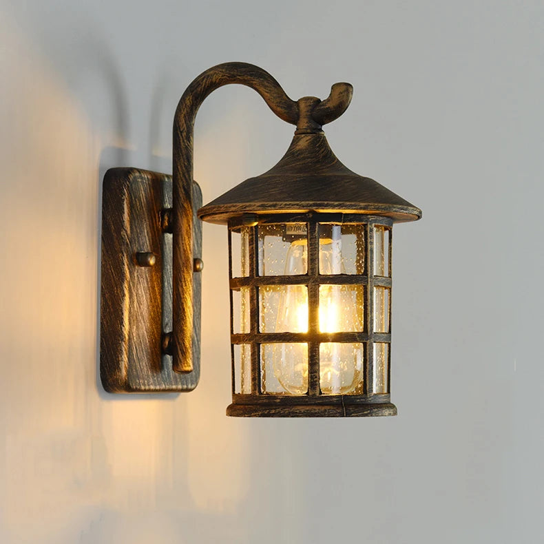 Vintage Outdoor Wall Lantern with Grid Glass - IP65 Waterproof Die-cast Aluminum Sconce for Porch & Courtyard, Bronze Finish