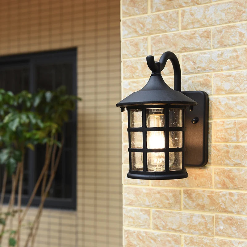 Vintage Outdoor Wall Lantern with Grid Glass - IP65 Waterproof Die-cast Aluminum Sconce for Porch & Courtyard, Bronze Finish