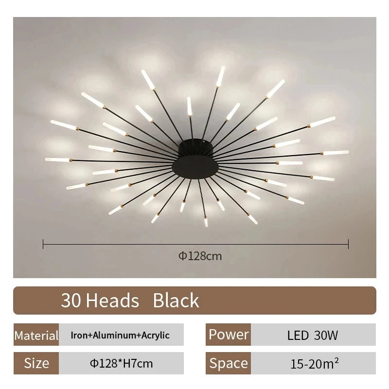 Modern Luxury Firework LED Flush Mount Ceiling Light - Gold Spoke Semi-Chandelier for Living Room, Dining Room & Bedroom (Dimmable with Remote Option)