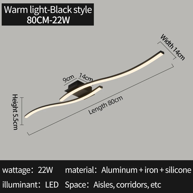 Modern S-Curve LED Flush Mount Ceiling Light - Black Linear Acrylic Fixture for Bedroom, Walk-in Closet & Hallway (Tricolor Option)