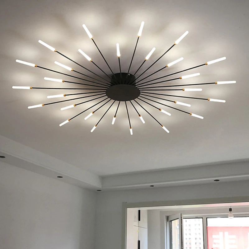 Modern Luxury Firework LED Flush Mount Ceiling Light - Gold Spoke Semi-Chandelier for Living Room, Dining Room & Bedroom (Dimmable with Remote Option)