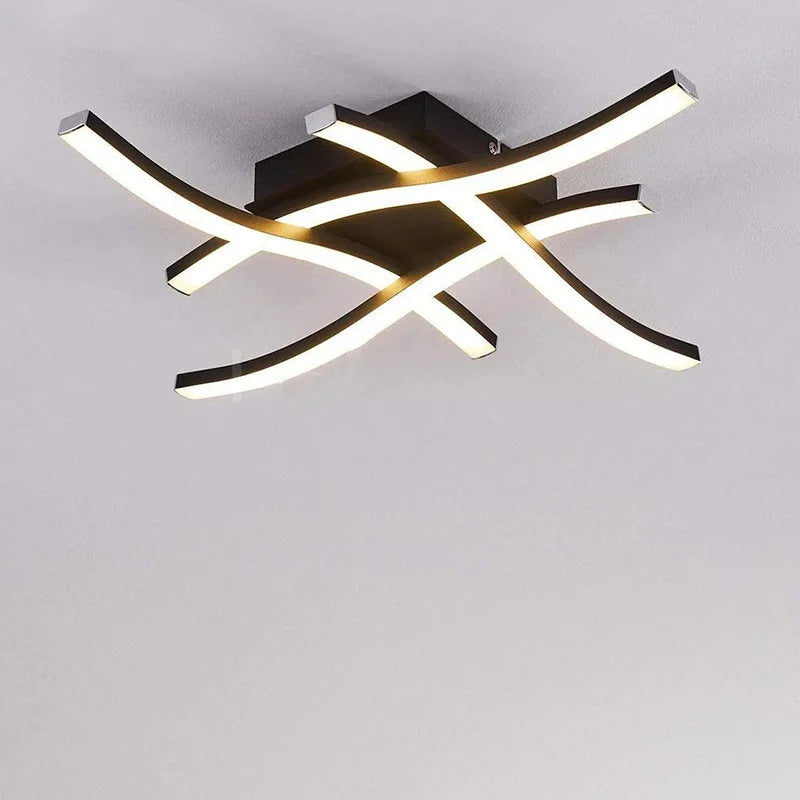 Modern Curved Waves LED Flush Mount Ceiling Light - Black Crossed 4-Bar Fixture for Bedroom, Kitchen & Hallway (3-Color Changing)