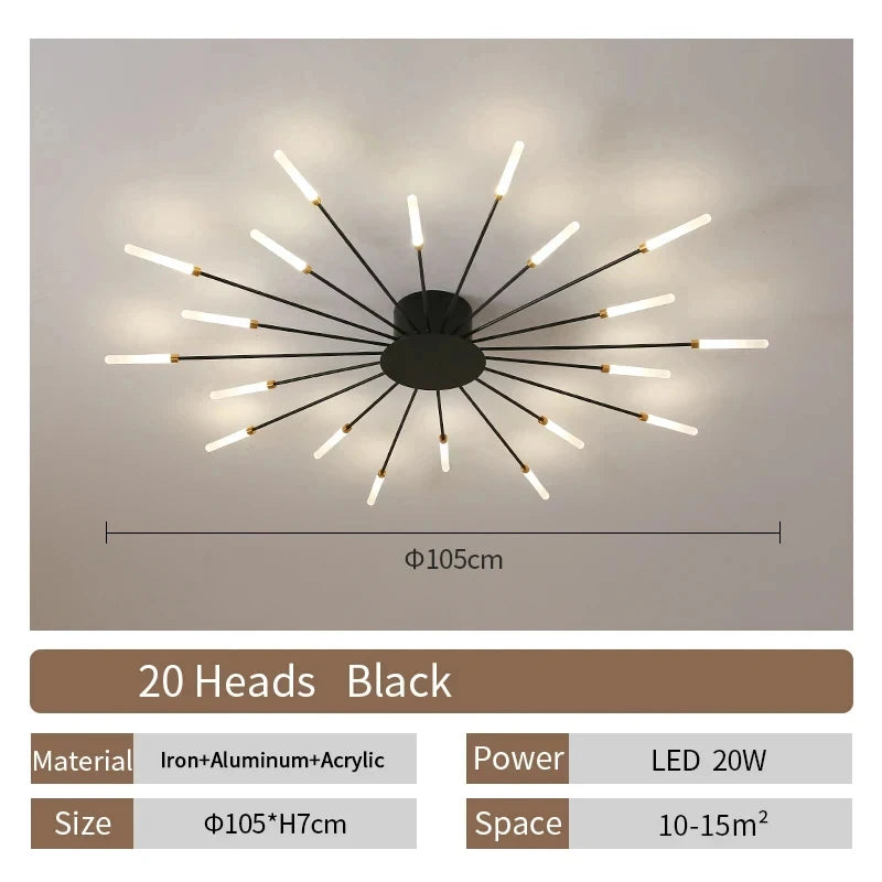 Modern Luxury Firework LED Flush Mount Ceiling Light - Gold Spoke Semi-Chandelier for Living Room, Dining Room & Bedroom (Dimmable with Remote Option)