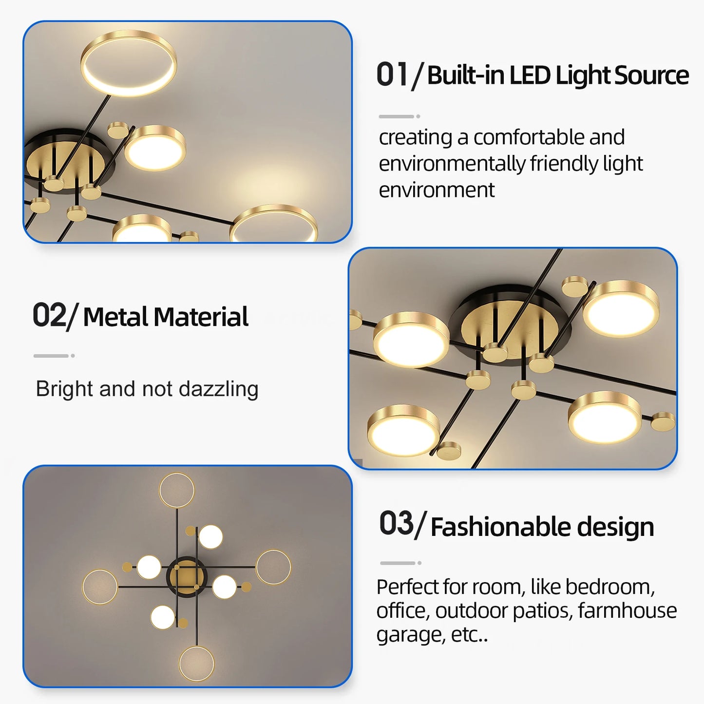 Modern Branching Rings LED Flush Mount Ceiling Light - Black & Gold 4-Head Fixture for Living Room & Bedroom (Dimmable with Remote)