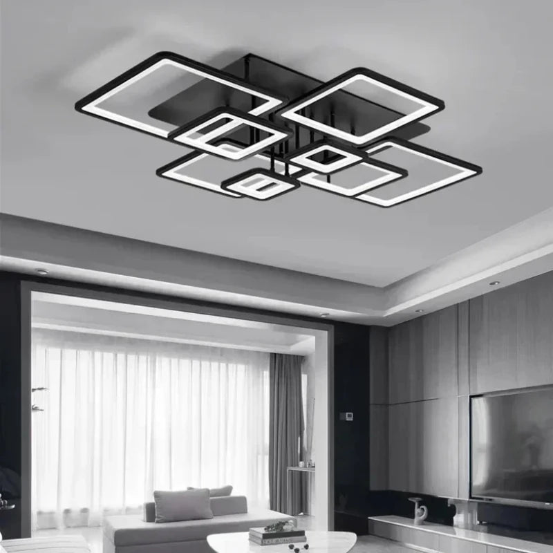 Modern Geometric Square LED Chandelier - Flush Mount Ceiling Light for Living Room, 12-Lights, Dimmable Cold White, Black & White Finish