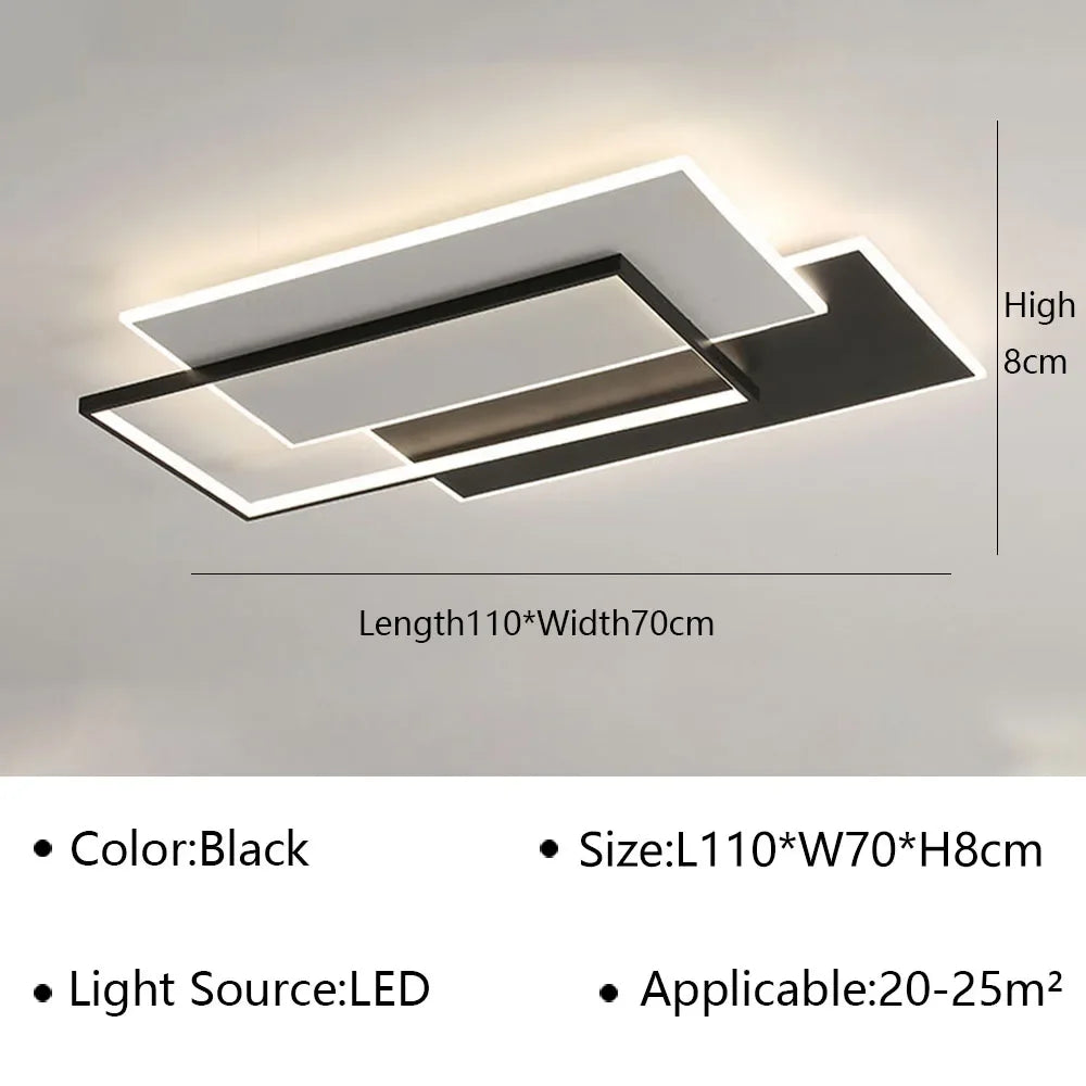 Modern Rectangle LED Ceiling Light - Ultra-Thin Minimalist Chandelier for Living Room & Kitchen, Black & White Finish, Tricolor Light