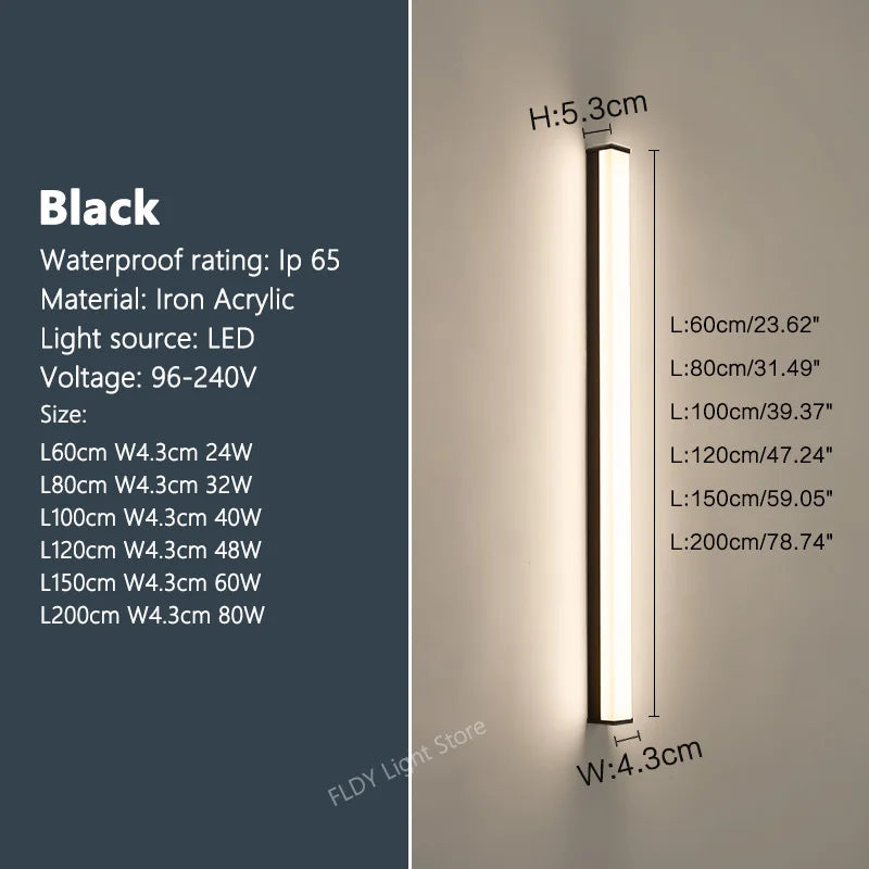 Minimalist Modern Long Strip LED Outdoor Wall Sconce - Weatherproof IP65 Exterior Light Fixture for Villa Porch, Garage & Garden