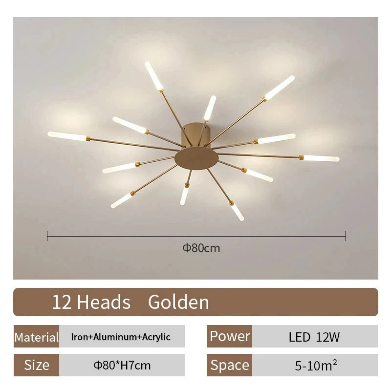Modern Luxury Firework LED Flush Mount Ceiling Light - Gold Spoke Semi-Chandelier for Living Room, Dining Room & Bedroom (Dimmable with Remote Option)