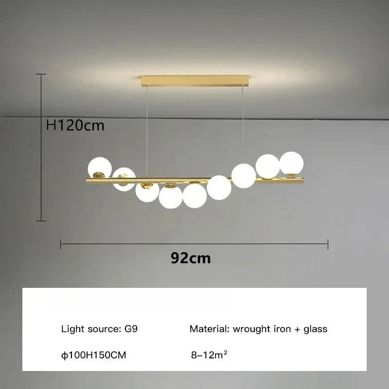 Modern Linear Globe Chandelier - 11-Light Mid-Century Pendant Lamp for Dining Room, 44-Inch (112cm) Gold Finish, Glass Sphere Lighting