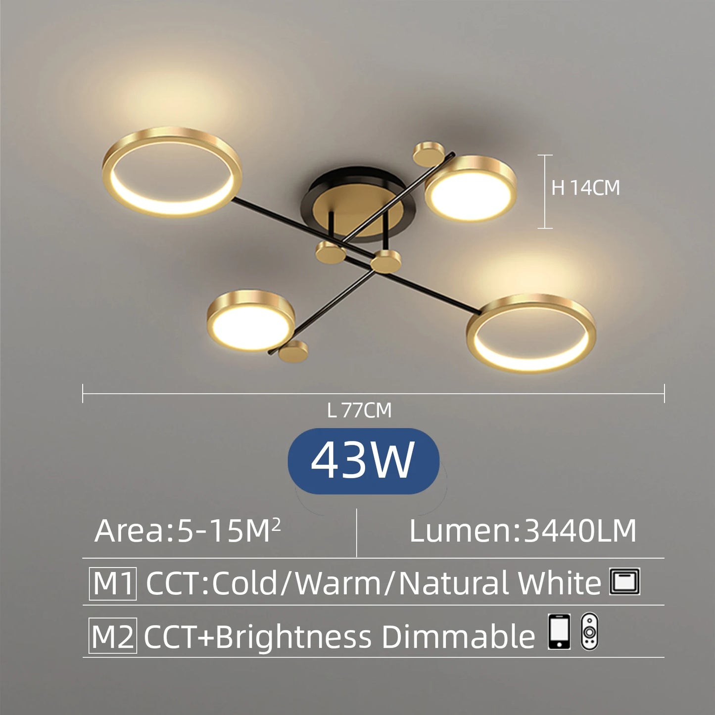 Modern Branching Rings LED Flush Mount Ceiling Light - Black & Gold 4-Head Fixture for Living Room & Bedroom (Dimmable with Remote)