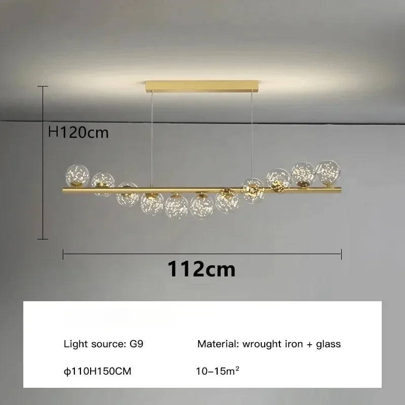 Modern Linear Globe Chandelier - 11-Light Mid-Century Pendant Lamp for Dining Room, 44-Inch (112cm) Gold Finish, Glass Sphere Lighting