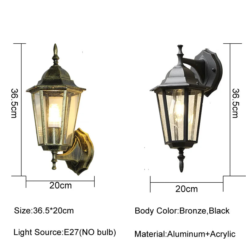 Vintage European Outdoor Wall Lantern - IP65 Waterproof E27 Sconce Light for Porch & Courtyard, Bronze finish